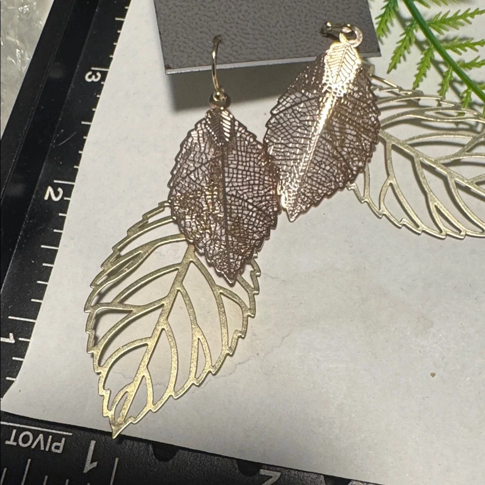 Express Rose Gold and Gold Layered Leaf Dangle Earrings (BR555( - Picture 7 of 7